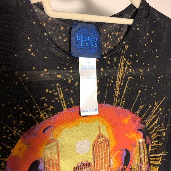 Vintage Kenzo black mesh top - Multi Iconic sunburst cityscape print - Size S - Picture 3 of 4